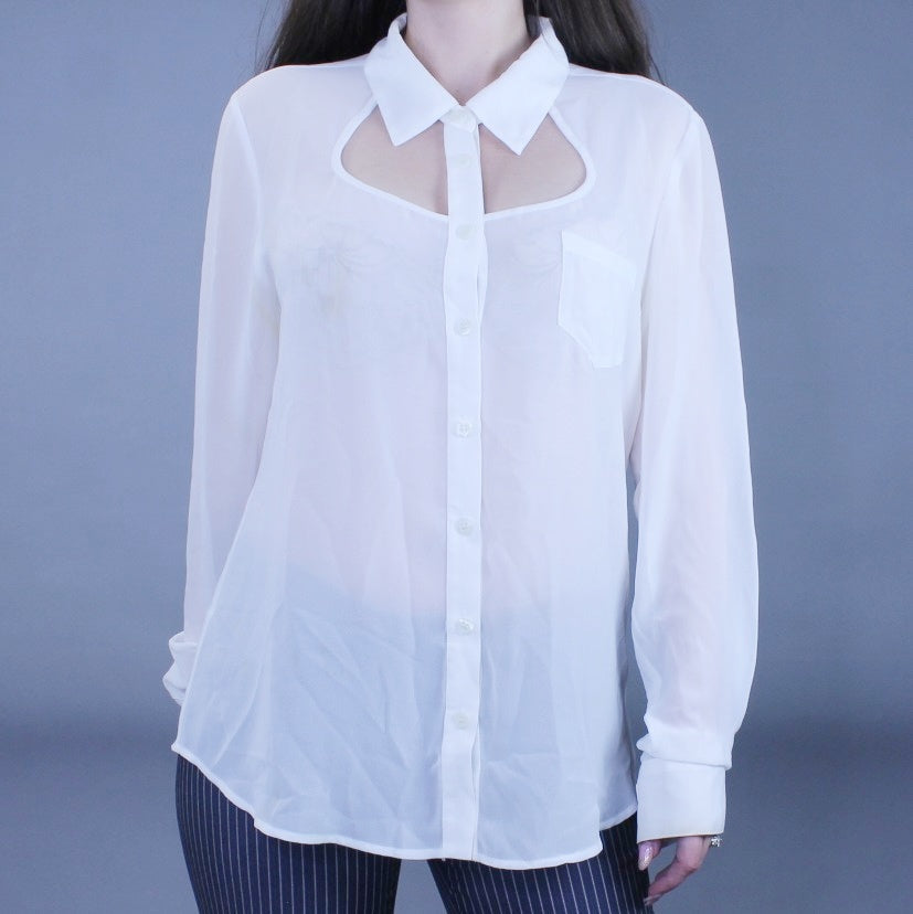 Office Siren Sheer Cutout Collared Blouse from G By Guess