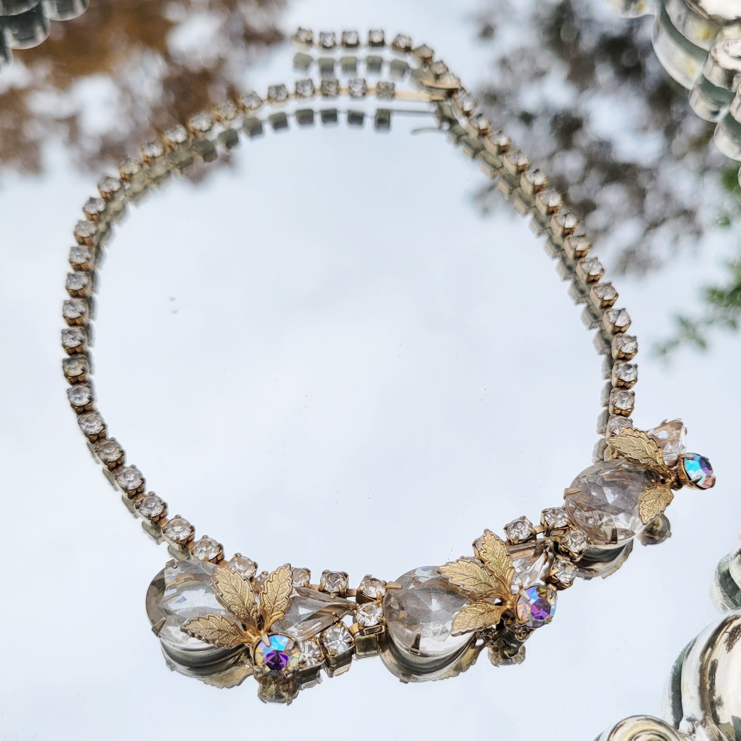 Vintage 50s Rhinestone Choker with Leaf Details