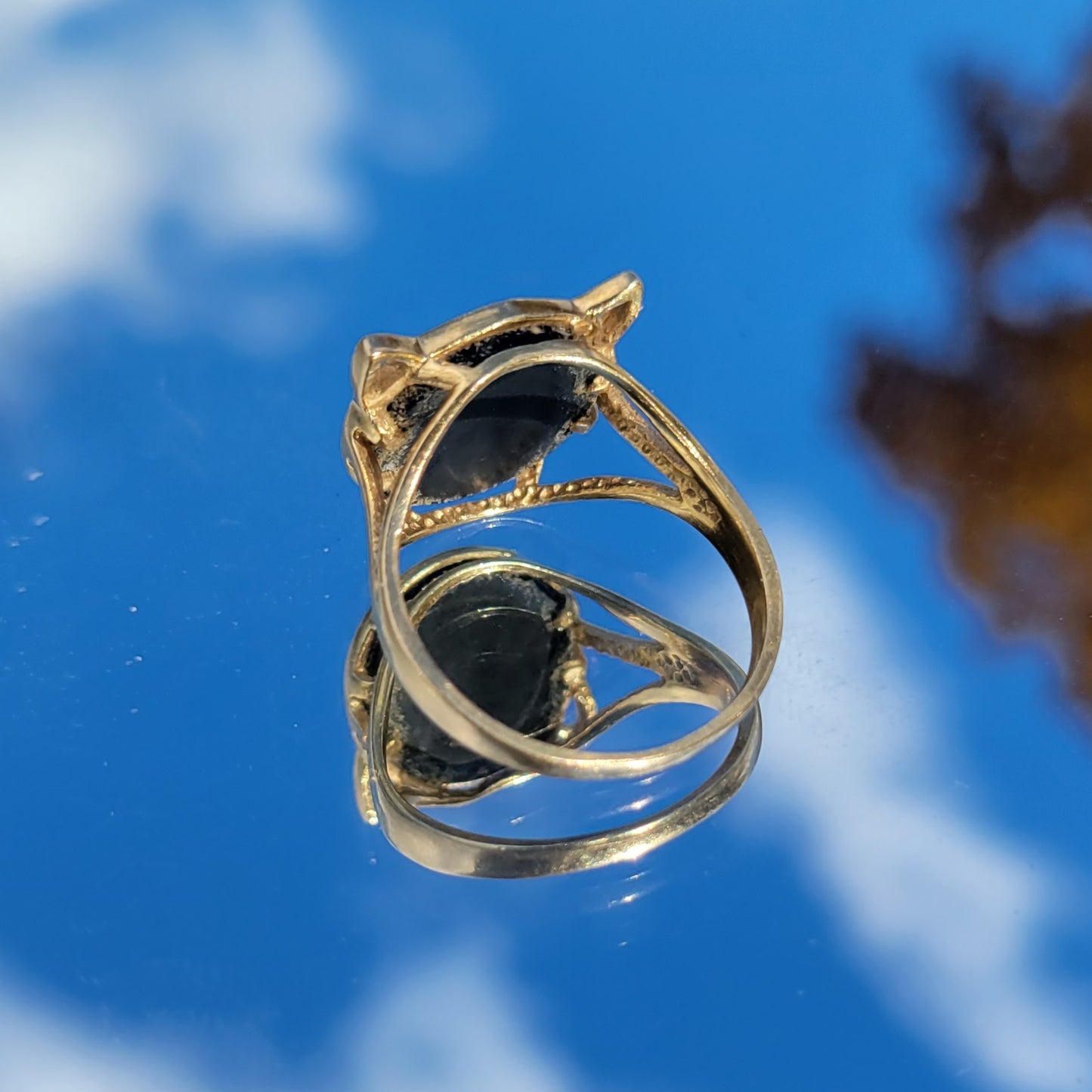 Vintage 80s Black Onyx 14k Gold Cat Ring with Diamond Eyes signed SB