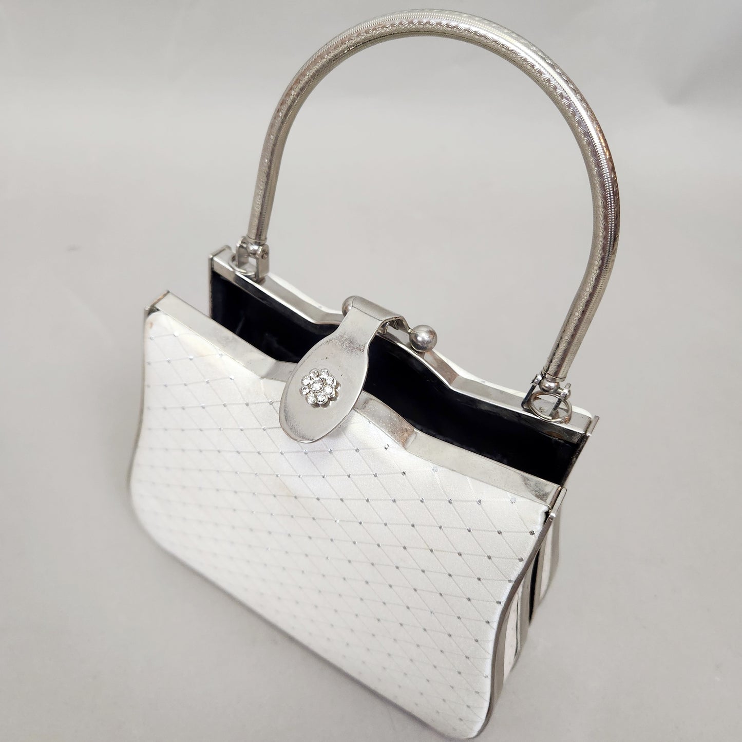 Vintage 60s Framed White Satin Silver Purse