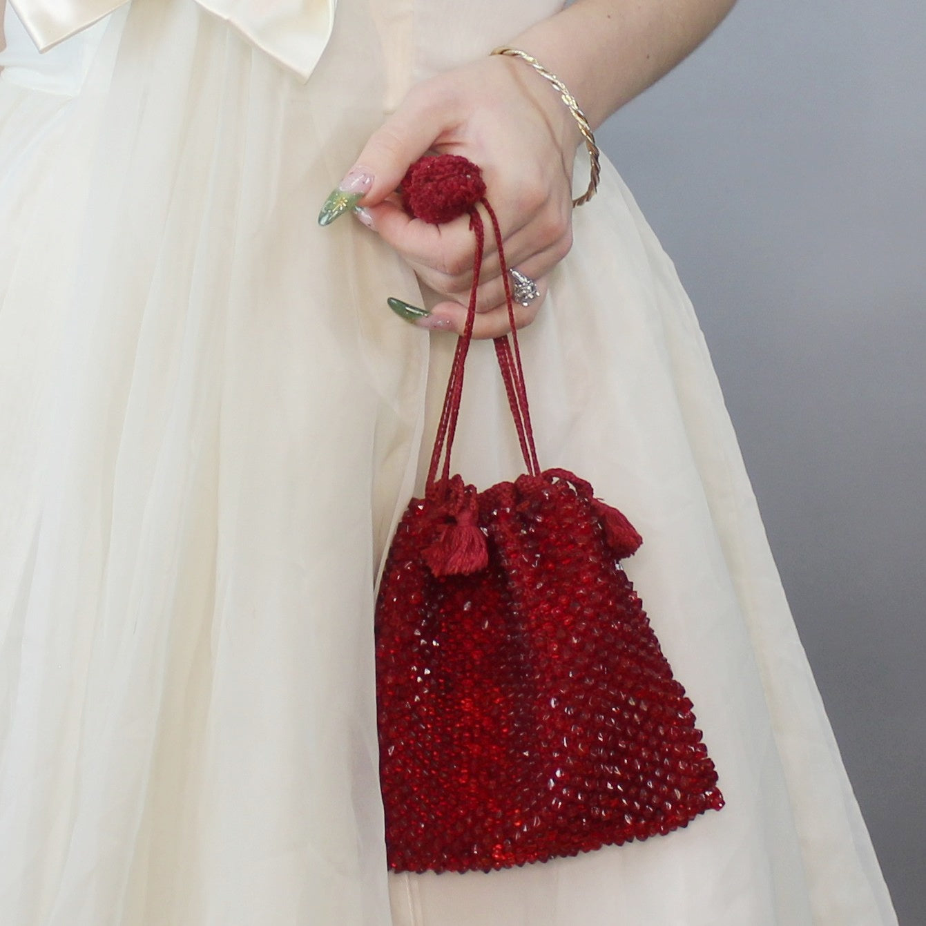 Vintage 30s Ruby Red Glass Beaded Reticule Pouch Purse