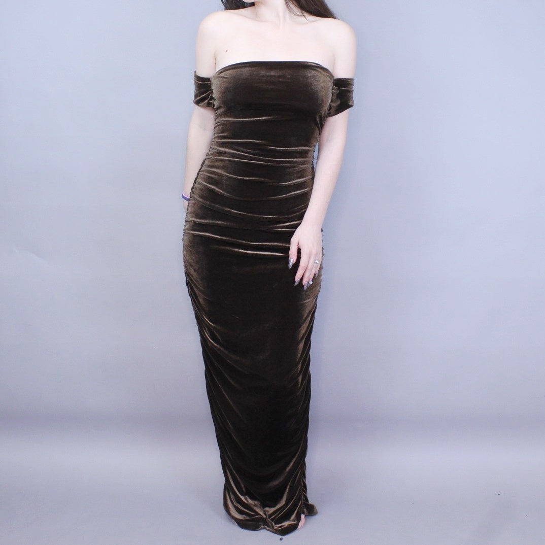 Vintage 90s Brown Velvet Evening Gown by Hugo Buscati Collection