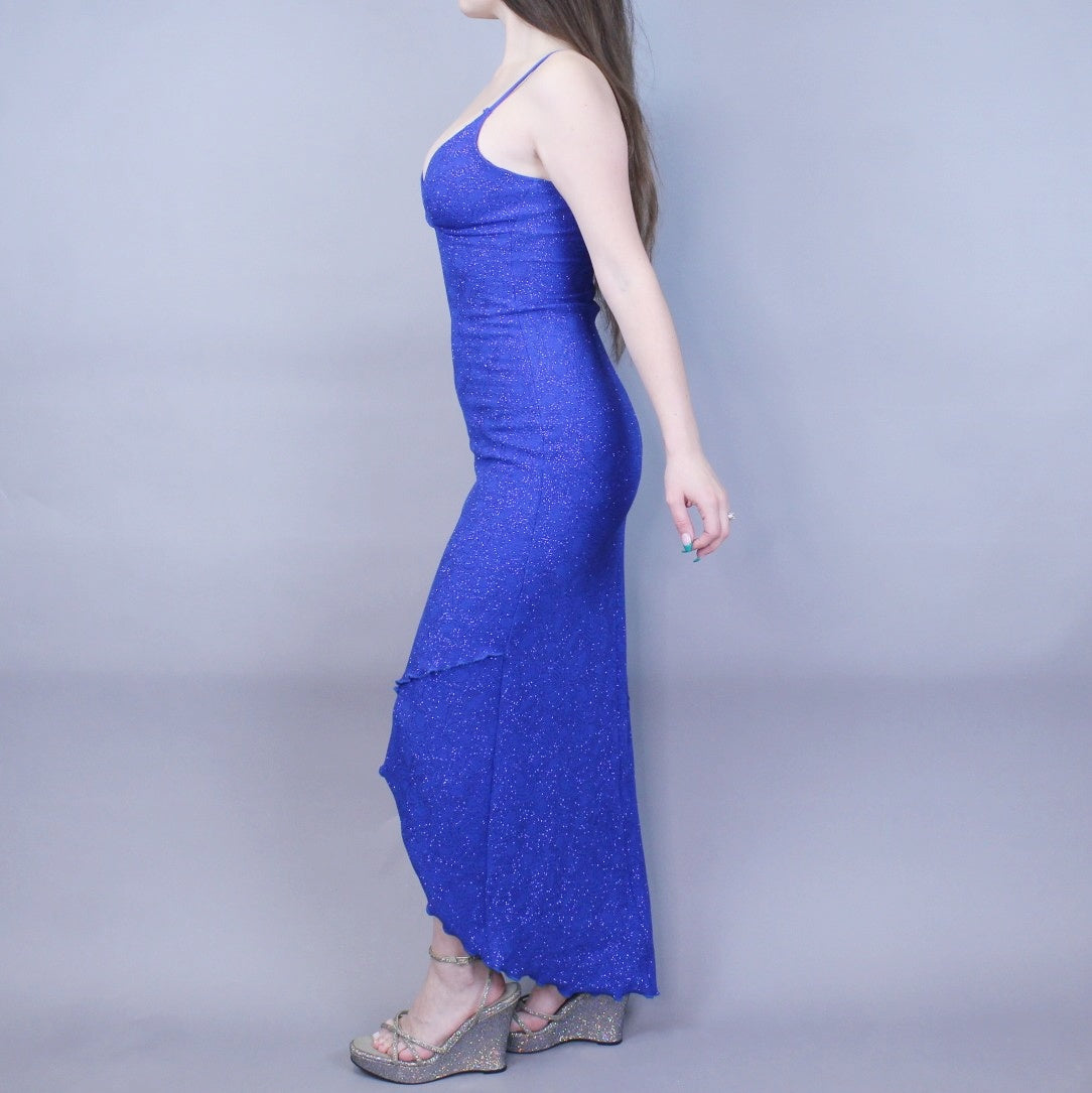 Vintage Y2k Blue Glitter Party Dress Hi-Low Bodycon by Hyphen