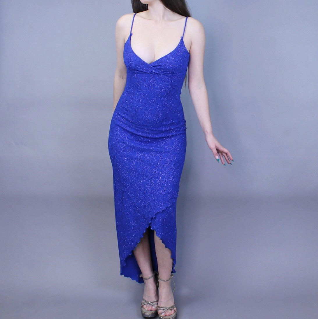 Vintage Y2k Blue Glitter Party Dress Hi-Low Bodycon by Hyphen