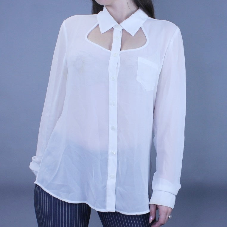 Office Siren Sheer Cutout Collared Blouse from G By Guess