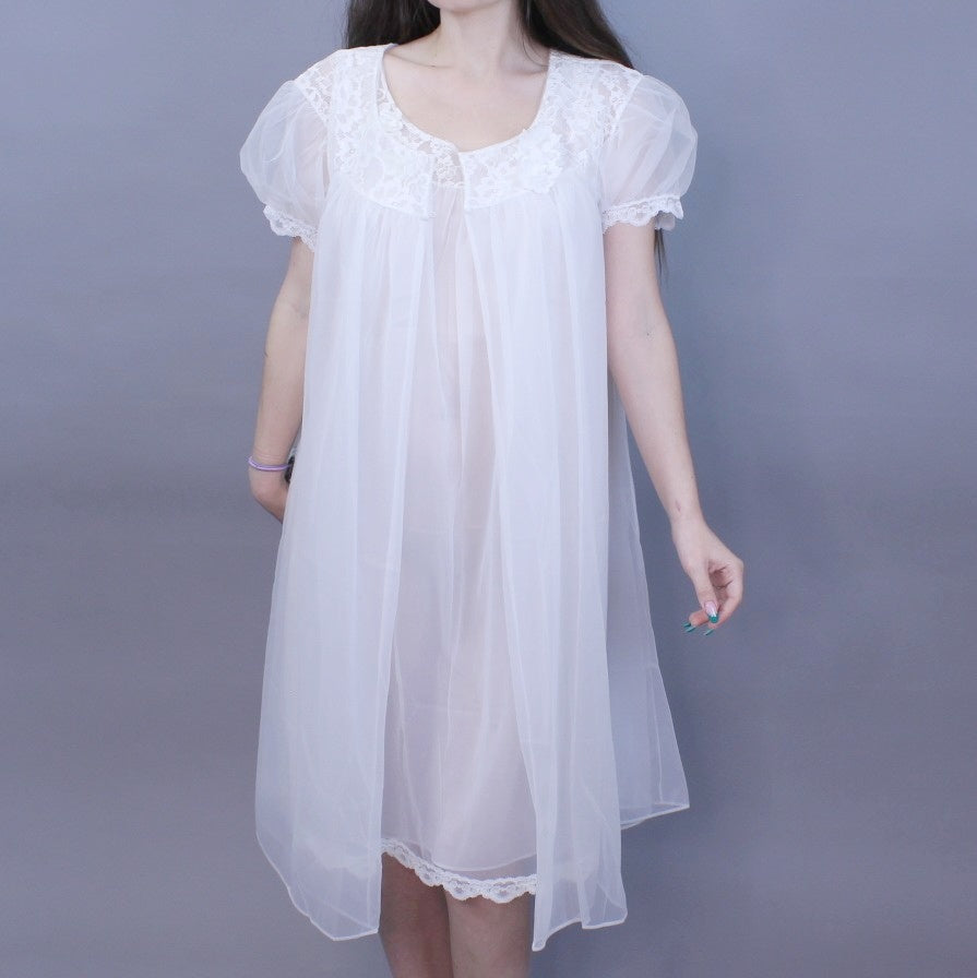 Vintage 60s Babydoll Peignoir Set Matching Bridal Nightgown and Robe With Lace Flowers