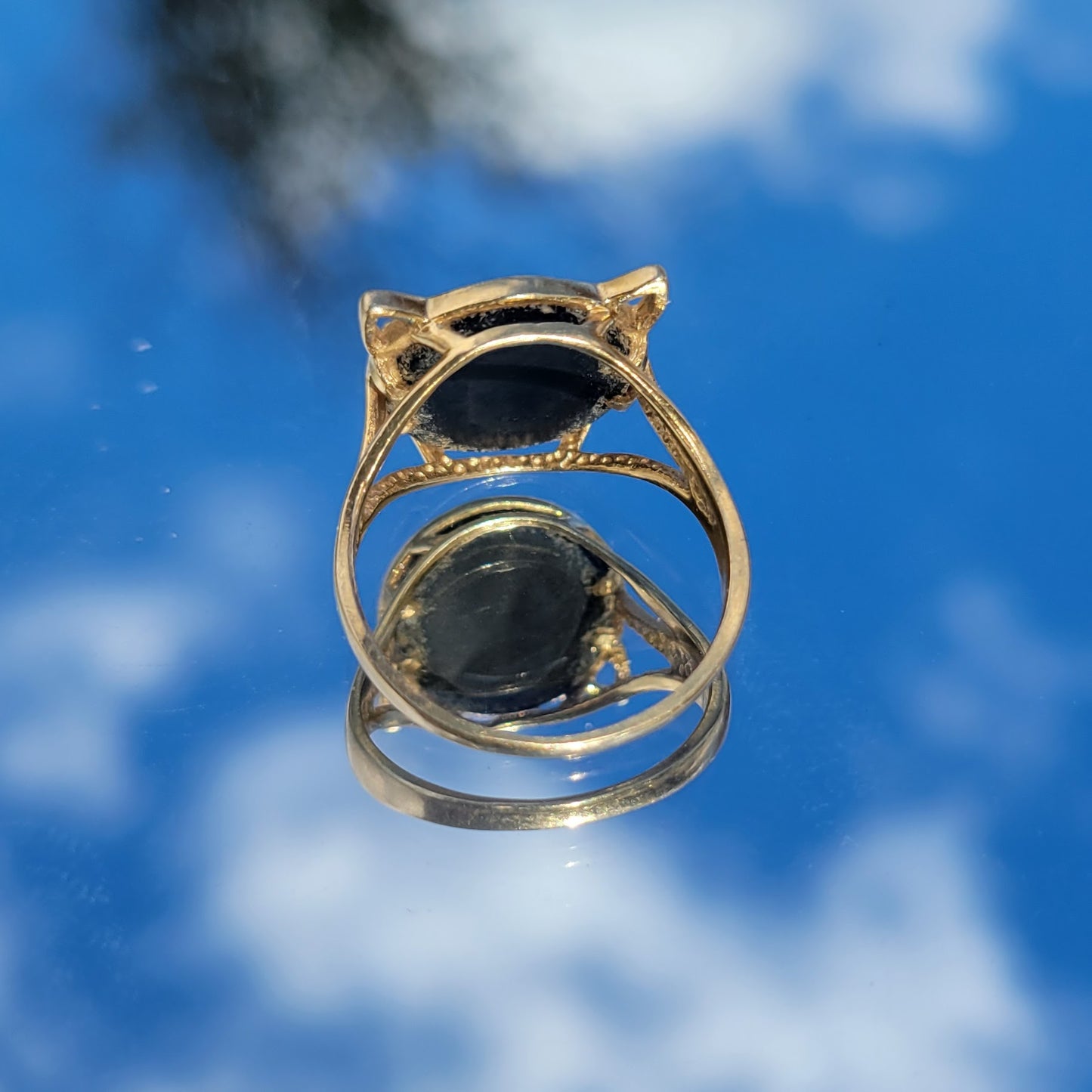 Vintage 80s Black Onyx 14k Gold Cat Ring with Diamond Eyes signed SB