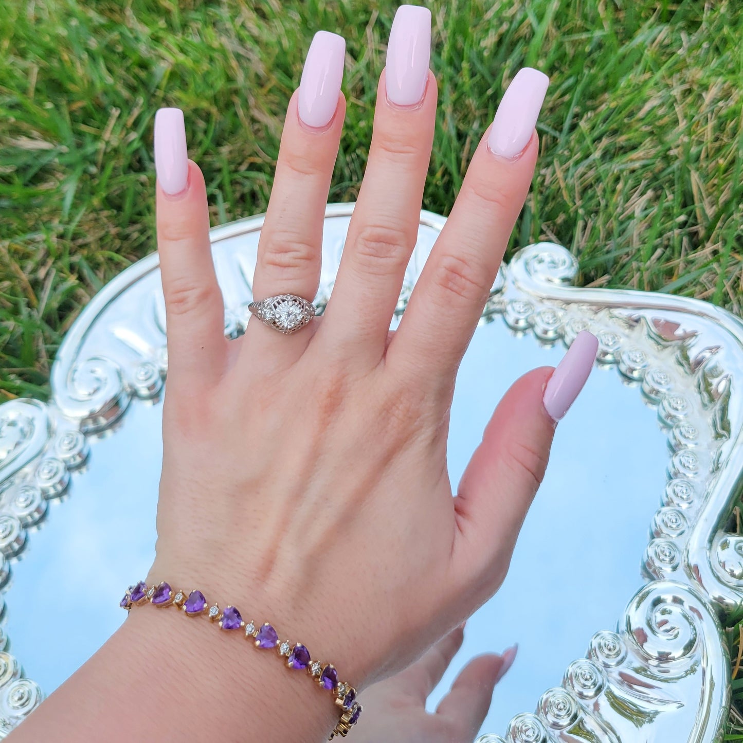 Vintage 90s Amethyst Heart Tennis Bracelet 10K Yellow Gold Signed Bracelet with Diamond Accent