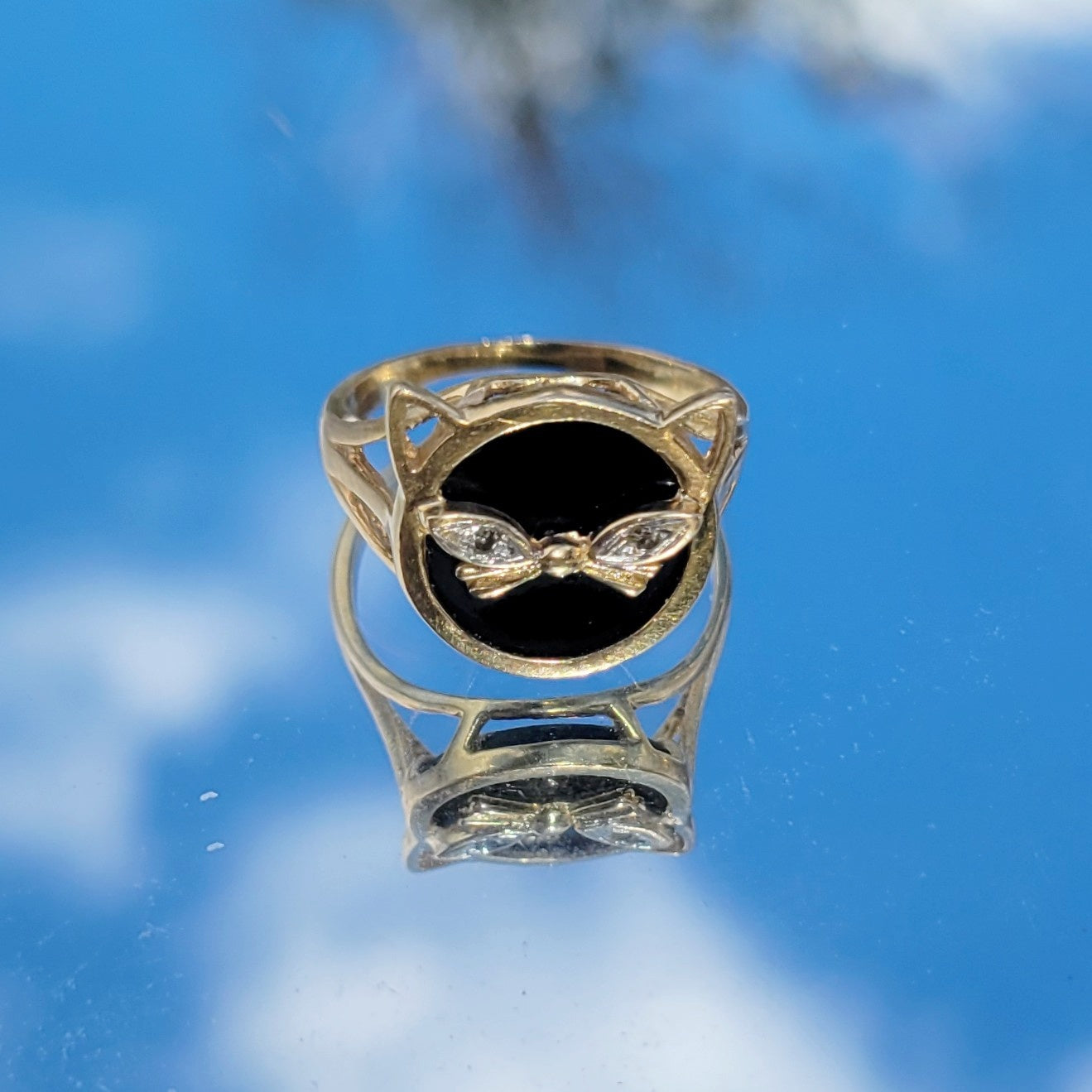 Vintage 80s Black Onyx 14k Gold Cat Ring with Diamond Eyes signed SB