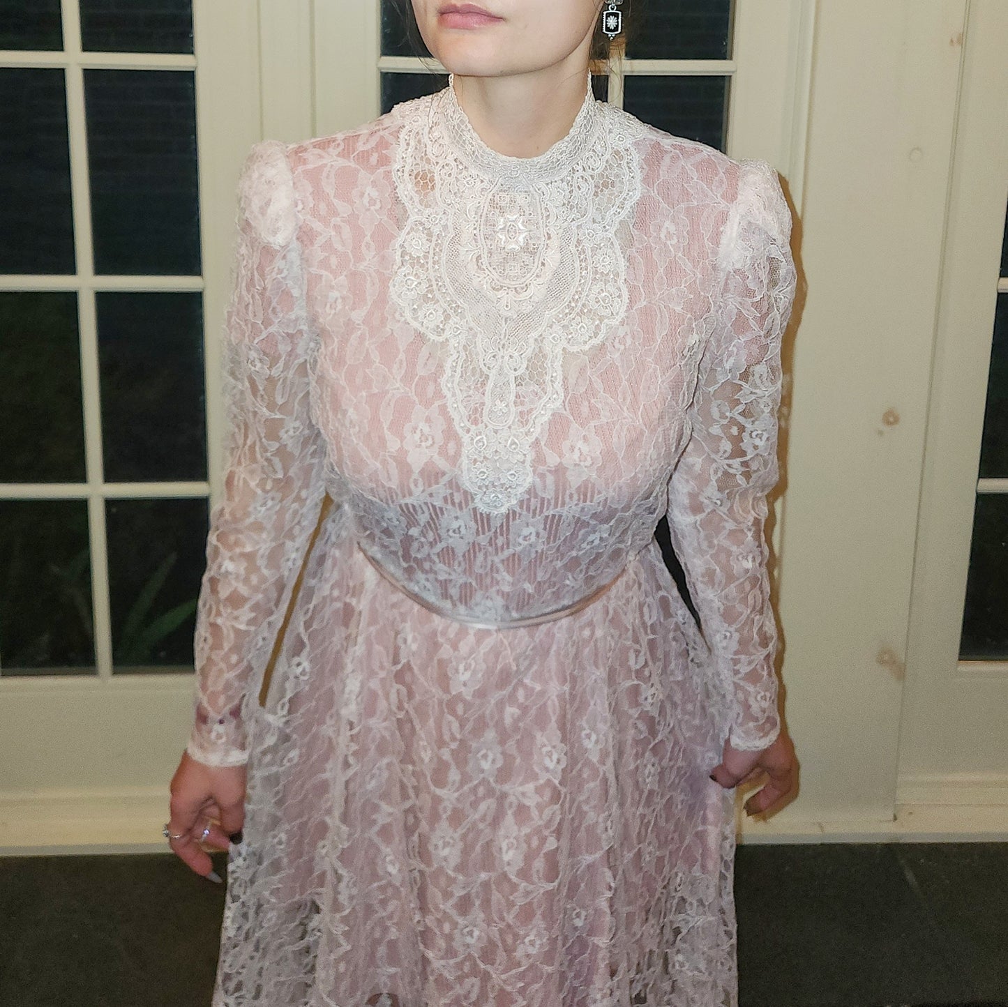Vintage 80s Sheer Pink Lace Victorian Style Dress