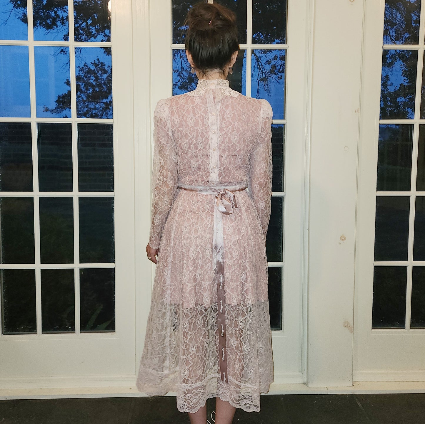 Vintage 80s Sheer Pink Lace Victorian Style Dress
