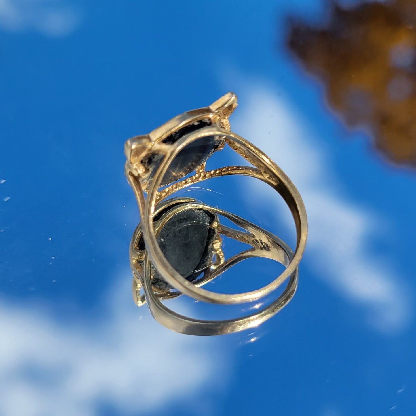 Vintage 80s Black Onyx 14k Gold Cat Ring with Diamond Eyes signed SB