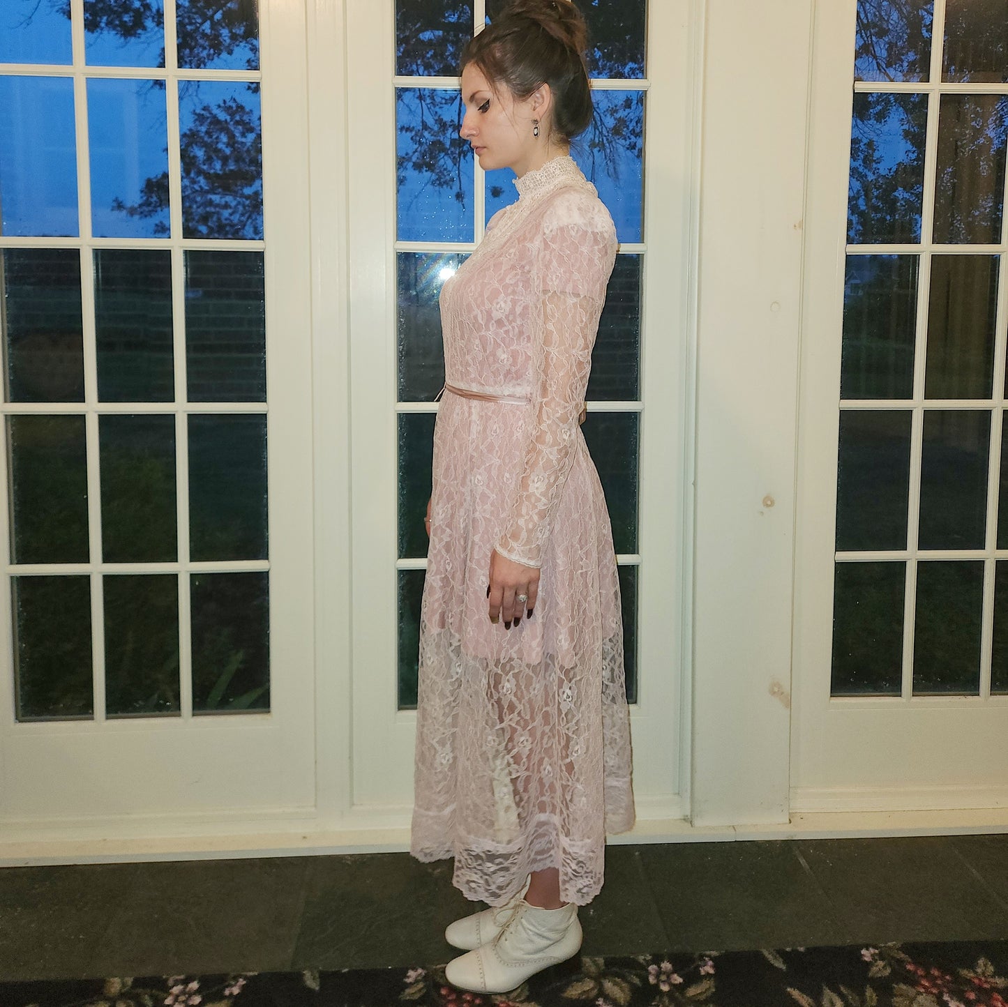 Vintage 80s Sheer Pink Lace Victorian Style Dress
