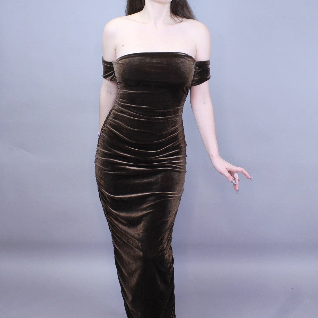 Vintage 90s Brown Velvet Evening Gown by Hugo Buscati Collection