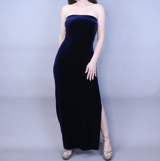 Vintage Y2k Blue Velvet Maxi Dress with Side Slit by Jessica McClintock Millennium 2000