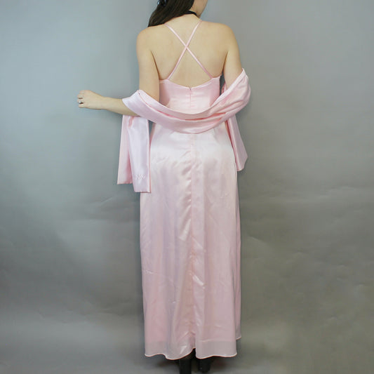 Vintage 90s Pink Satin Prom Dress with Matching Scarf