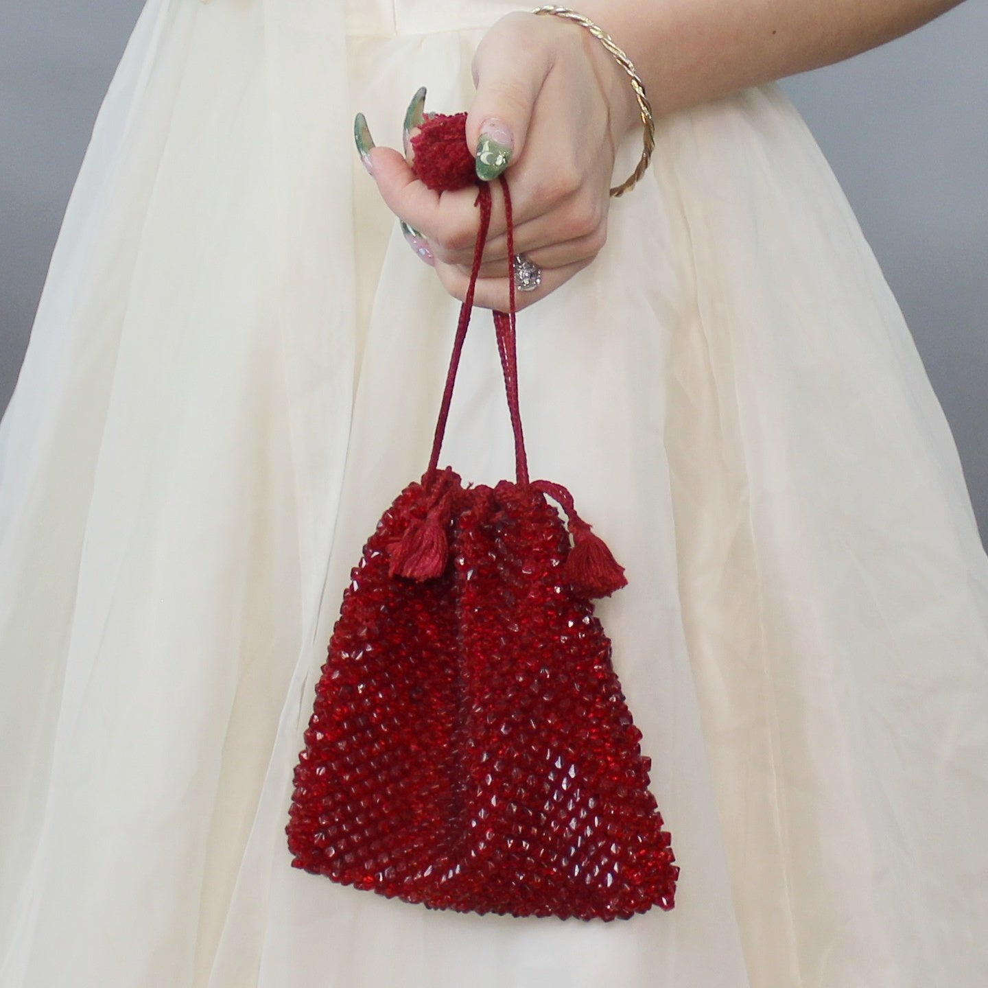 Vintage 30s Ruby Red Glass Beaded Reticule Pouch Purse