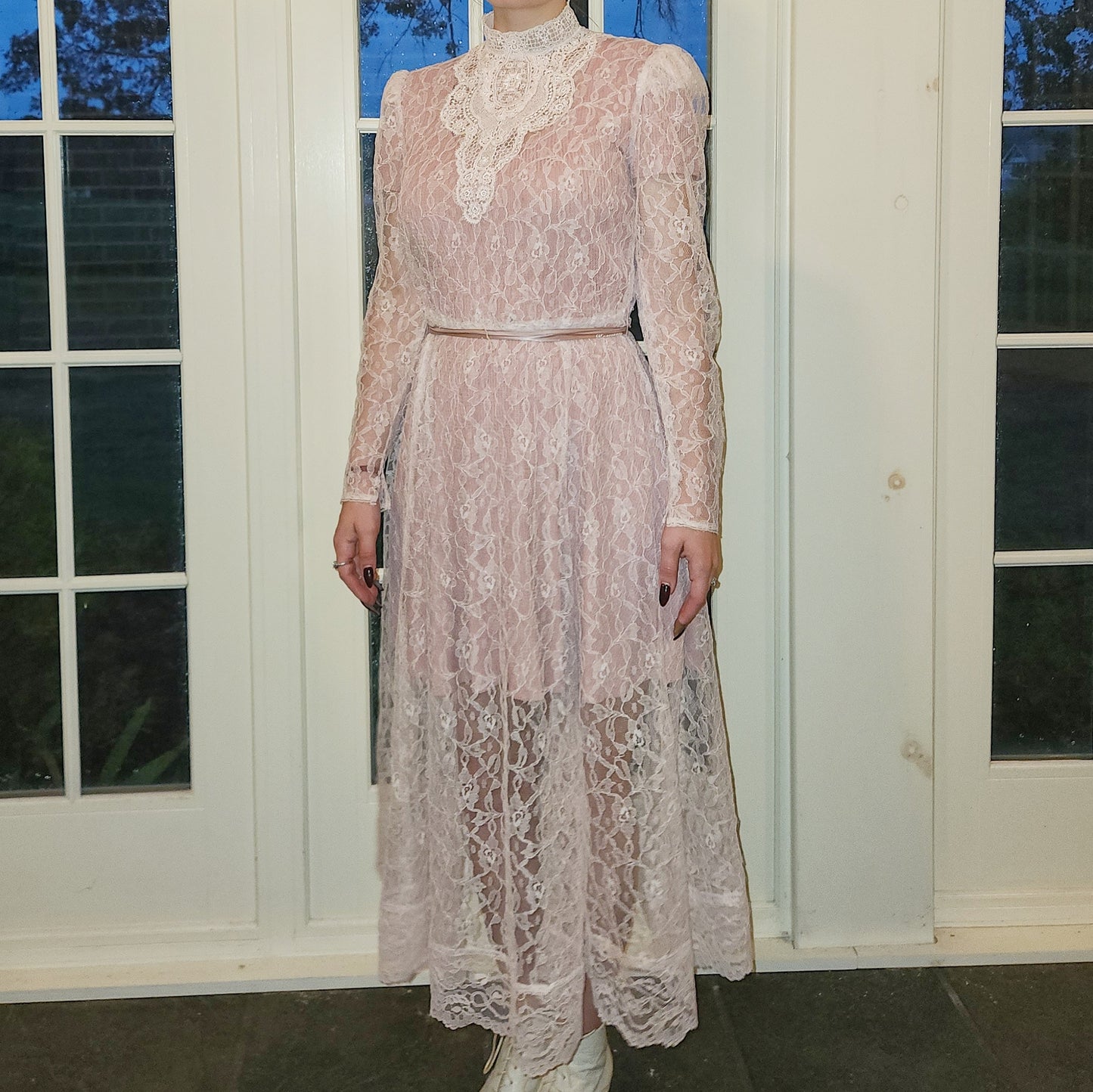 Vintage 80s Sheer Pink Lace Victorian Style Dress