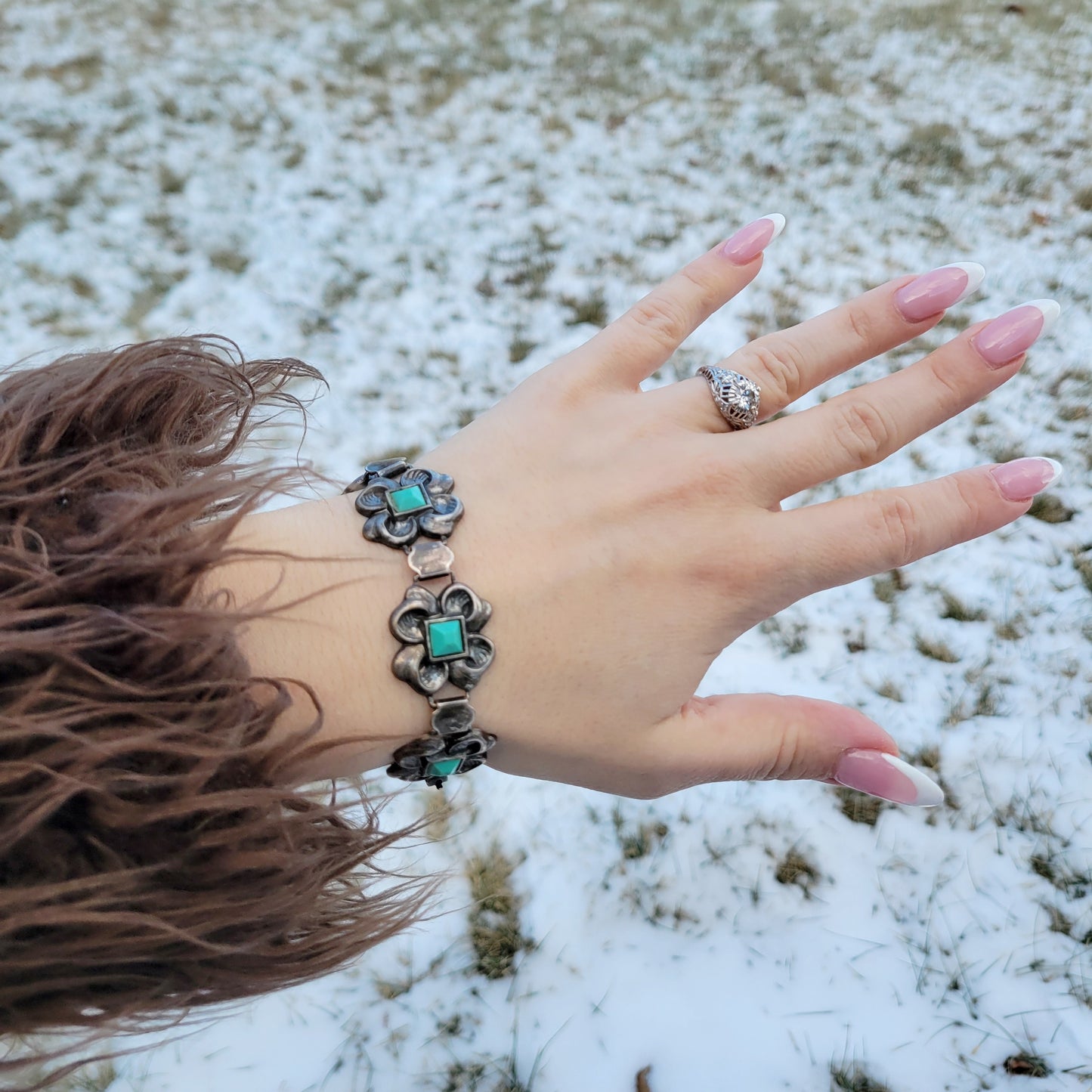 Vintage 40s Sterling Silver & Turquoise Panel Bracelet