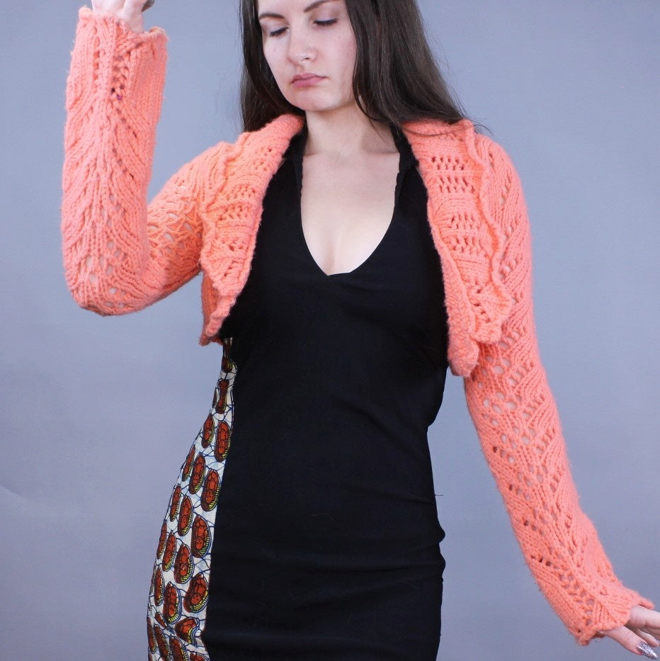 Vintage Y2k Cropped Cardigan Bell Sleeve Orange Crochet Bolero Sweater by Guess Jeans