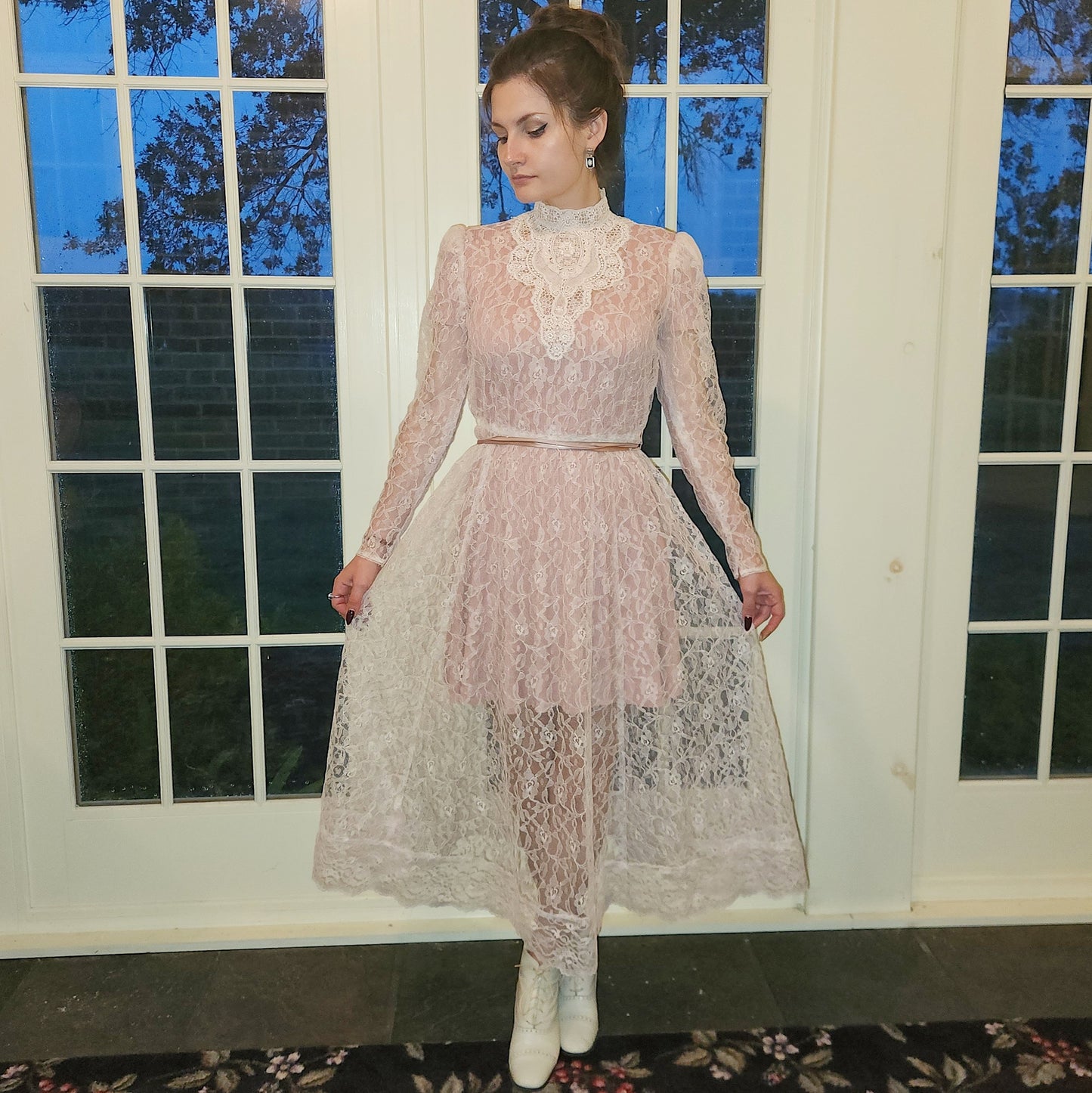Vintage 80s Sheer Pink Lace Victorian Style Dress