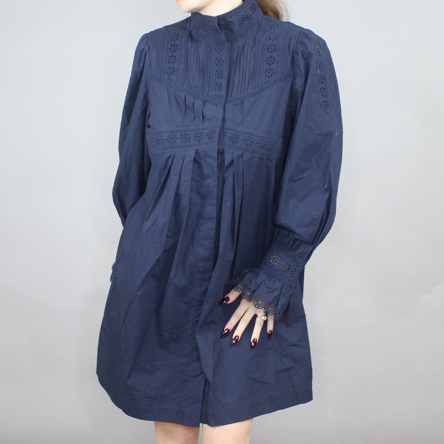 Victorian Style Rebecca Taylor Mock Neck Poplin Lace Applique Shift Dress