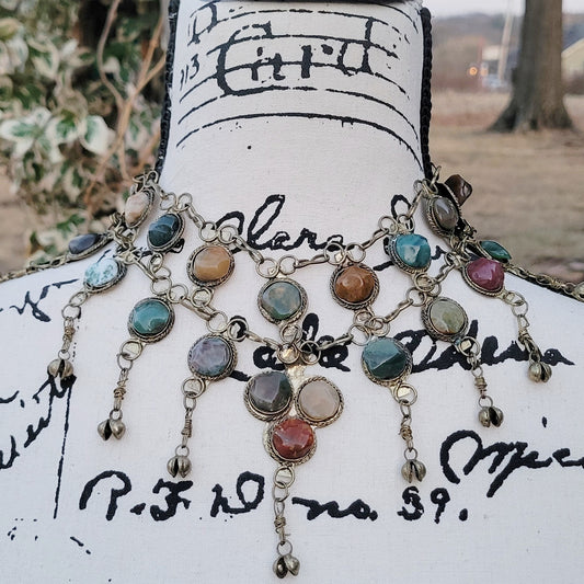 Vintage 70s Bib Necklace 24 Stone Jasper Egyptian Revival Bell Necklace