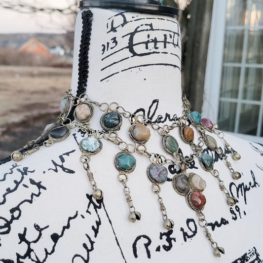 Vintage 70s Bib Necklace 24 Stone Jasper Egyptian Revival Bell Necklace
