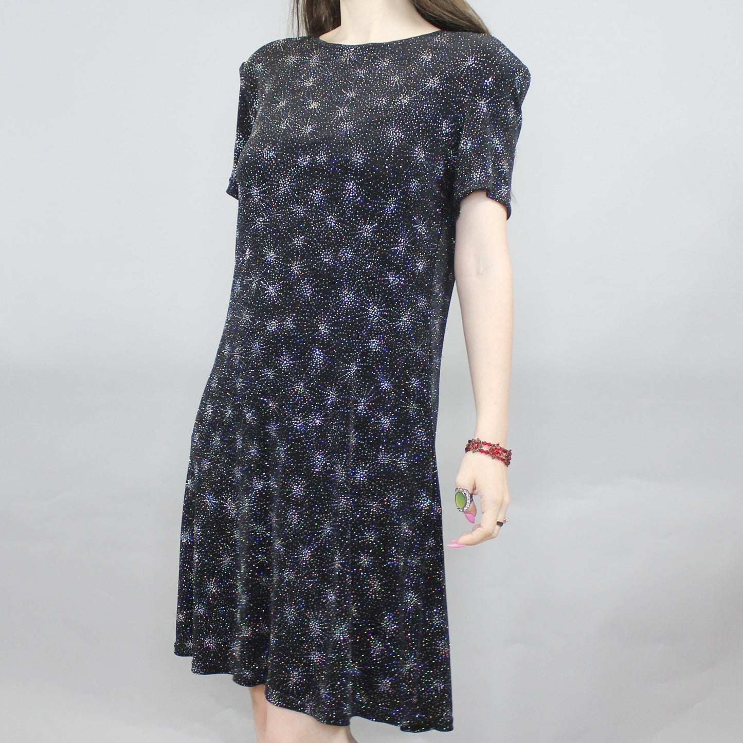 Vintage 90s Glitter Starburst T-shirt Mini Dress by Molly Malloy Evenings