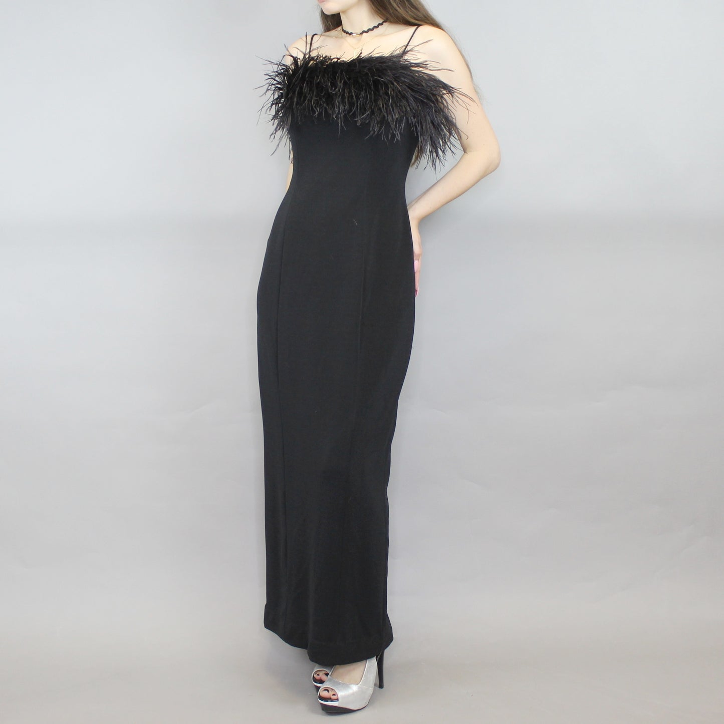 Vintage 90s Ostrich Feather Evening Gown Prom Dress by Alex Evenings