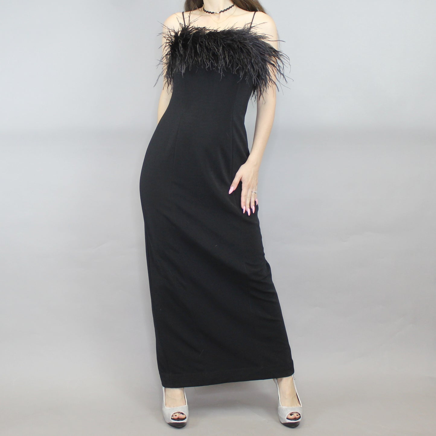 Vintage 90s Ostrich Feather Evening Gown Prom Dress by Alex Evenings