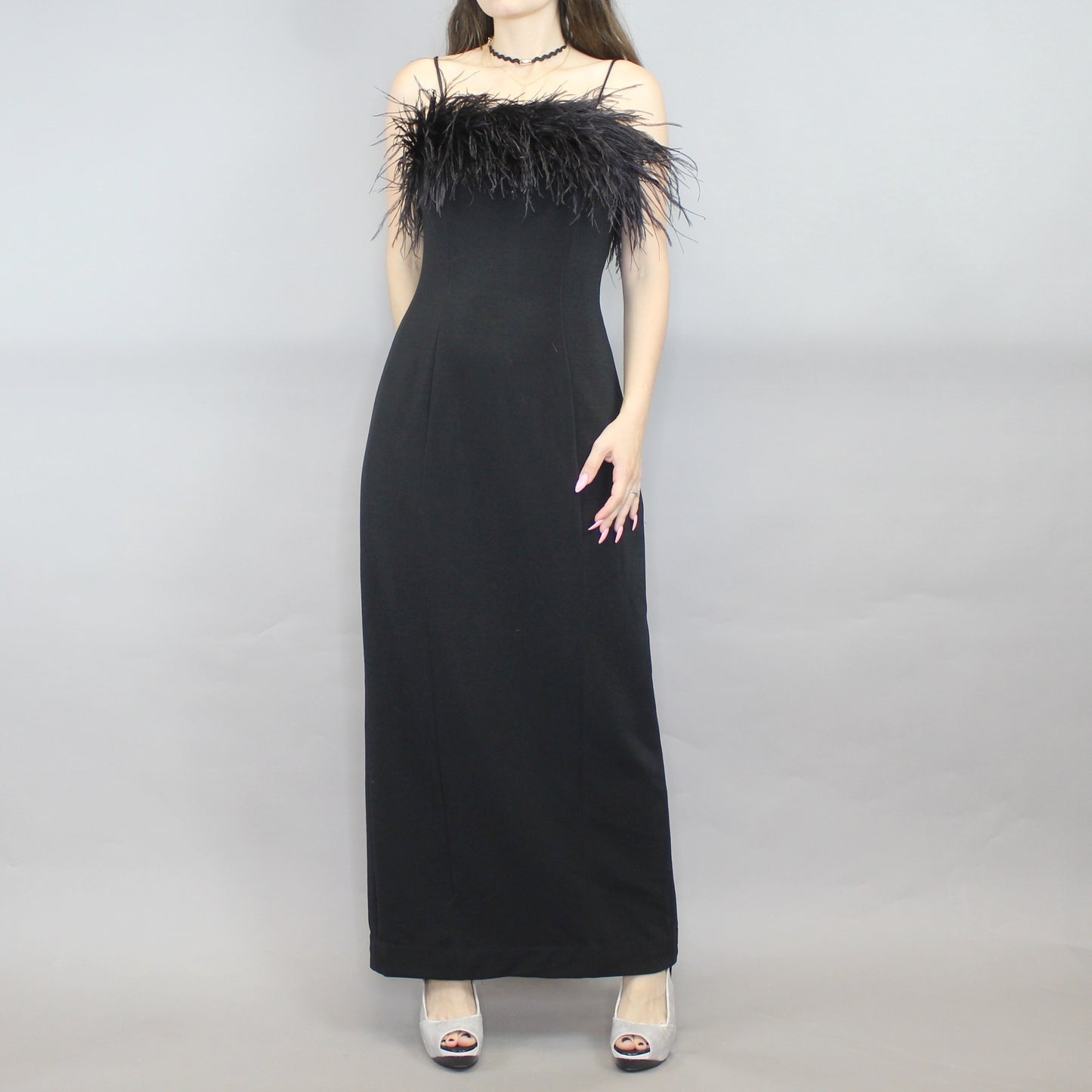 Vintage 90s Ostrich Feather Evening Gown Prom Dress by Alex Evenings