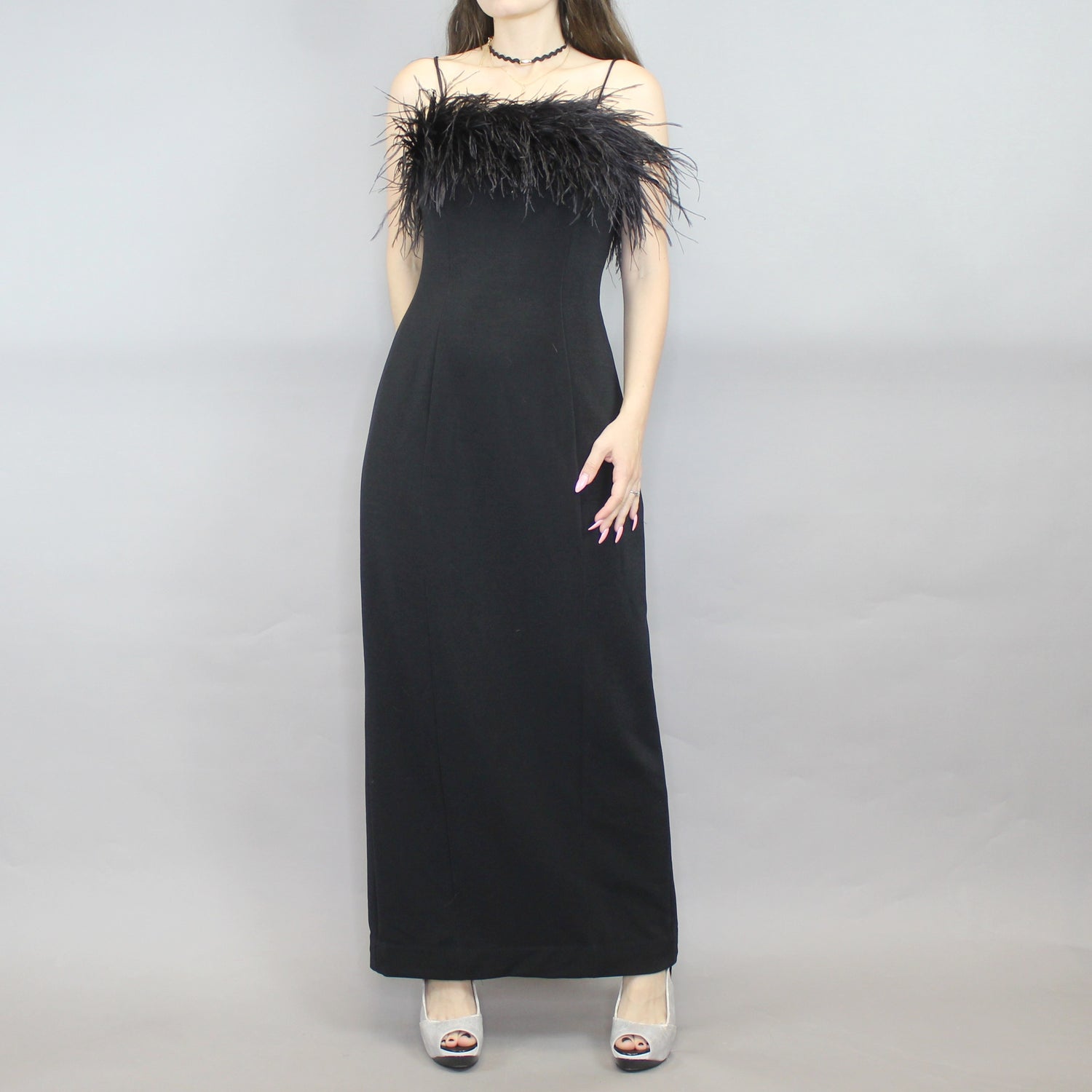 Vintage 90s Ostrich Feather Evening Gown Prom Dress by Alex Evenings