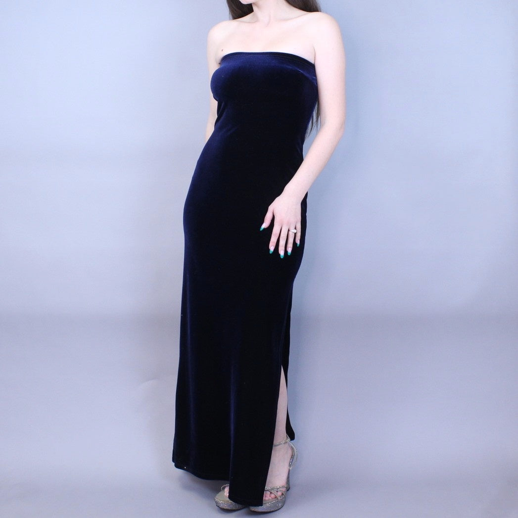 Vintage Y2k Blue Velvet Maxi Dress with Side Slit by Jessica McClintock Millennium 2000