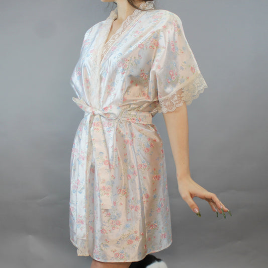 Vintage 70s Lace Trimmed Floral Mini Robe