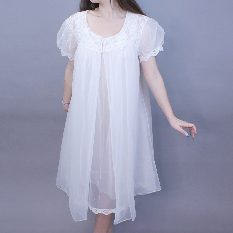 Vintage 60s Babydoll Peignoir Set Matching Bridal Nightgown and Robe With Lace Flowers