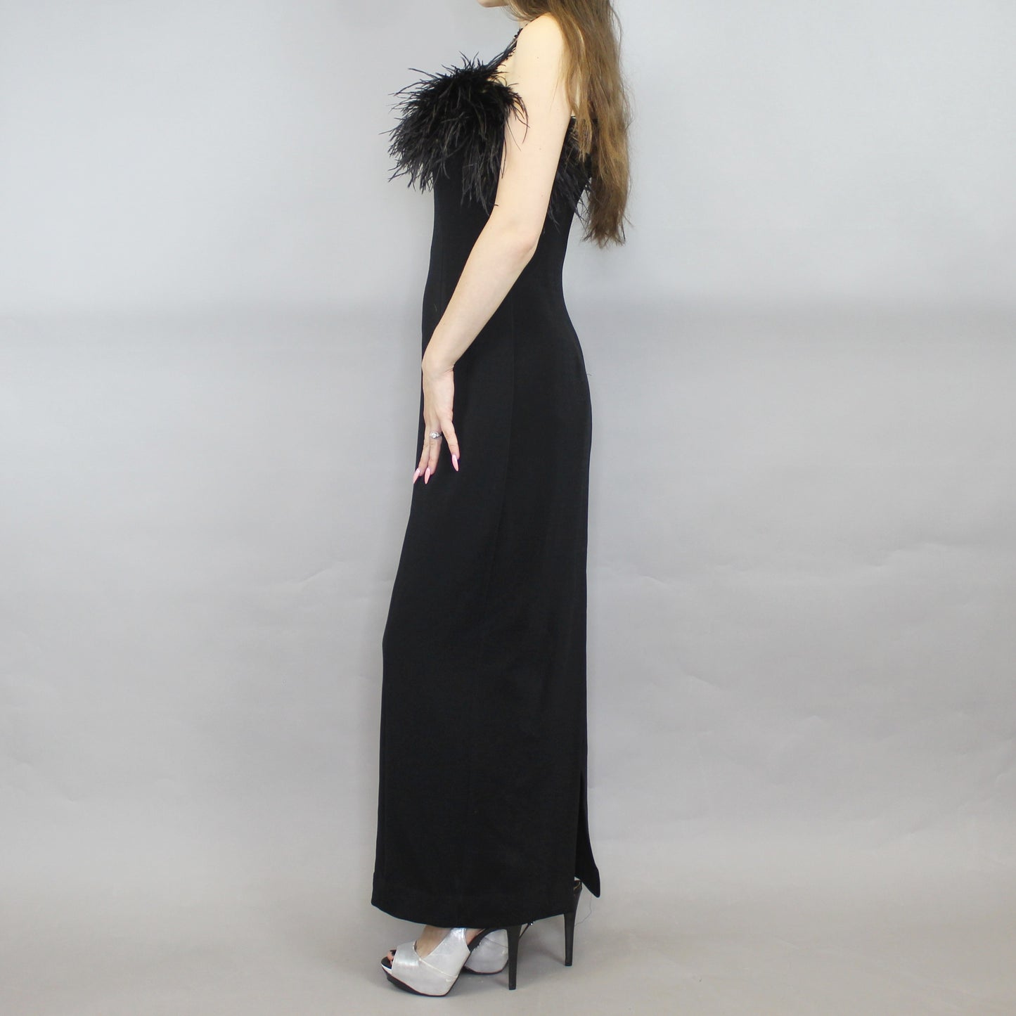 Vintage 90s Ostrich Feather Evening Gown Prom Dress by Alex Evenings