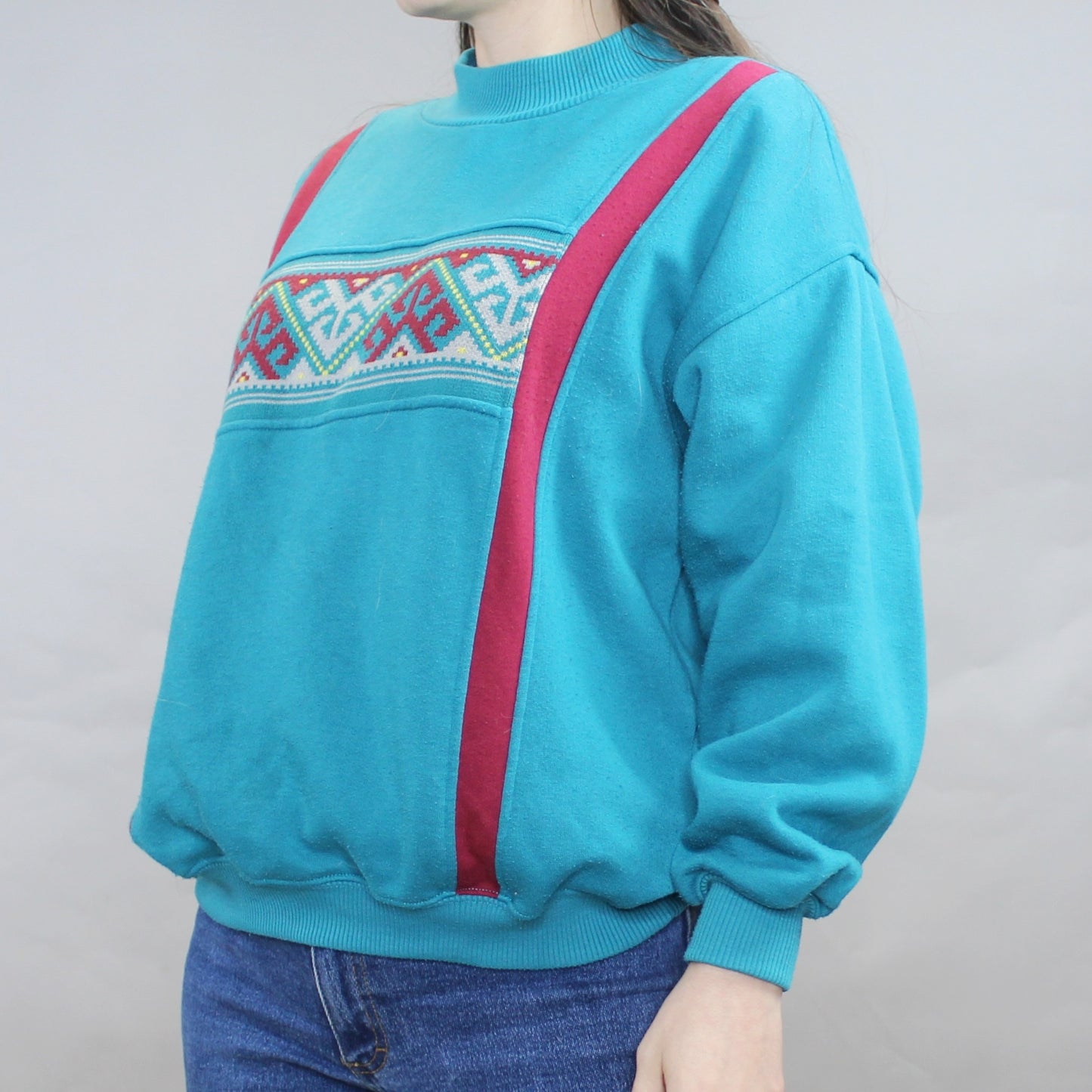 Vintage 80s Mock Neck Turquoise Sweatshirt
