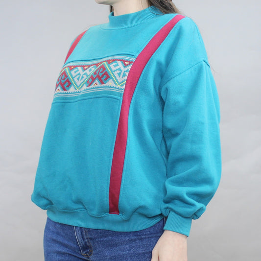 Vintage 80s Mock Neck Turquoise Sweatshirt