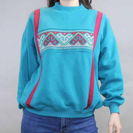 Vintage 80s Mock Neck Turquoise Sweatshirt