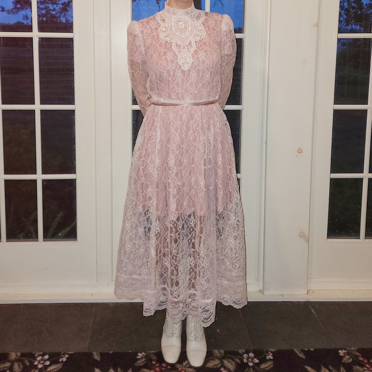 Vintage 80s Sheer Pink Lace Victorian Style Dress