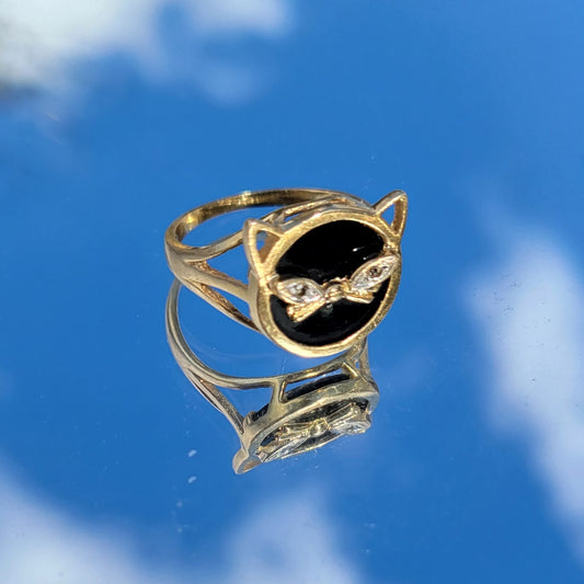 Vintage 80s Black Onyx 14k Gold Cat Ring with Diamond Eyes signed SB