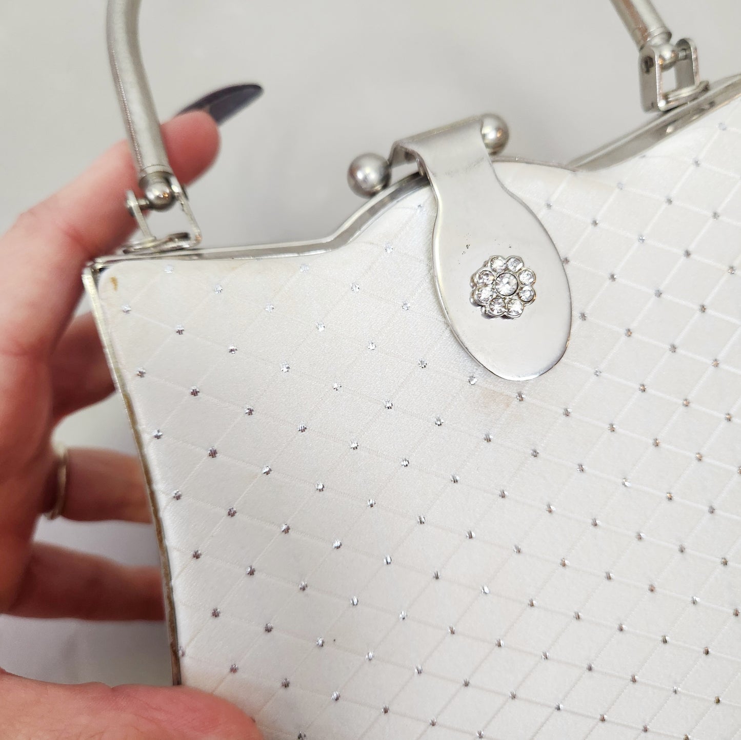 Vintage 60s Framed White Satin Silver Purse