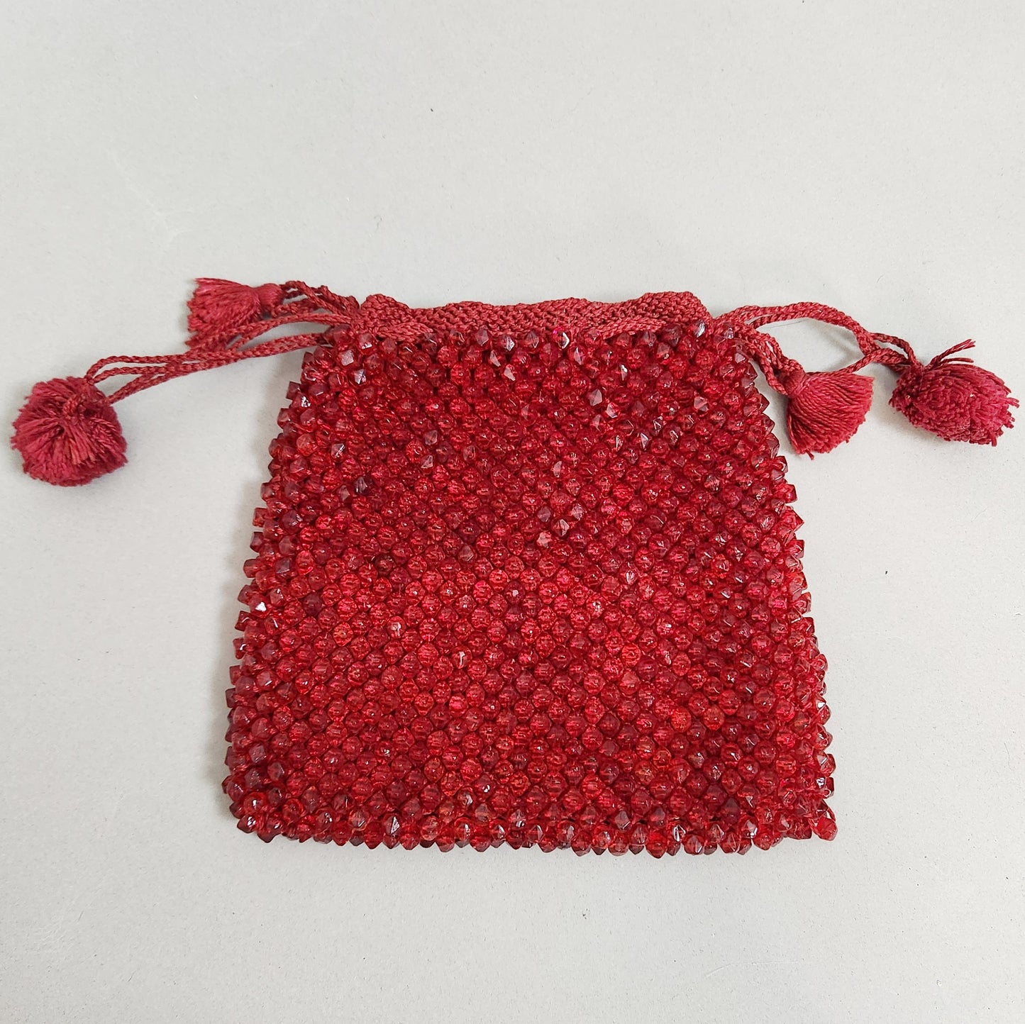 Vintage 30s Ruby Red Glass Beaded Reticule Pouch Purse