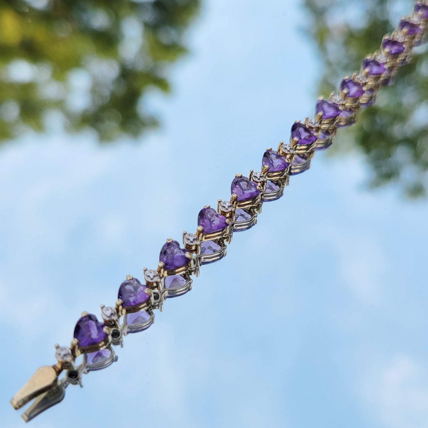 Vintage 90s Amethyst Heart Tennis Bracelet 10K Yellow Gold Signed Bracelet with Diamond Accent