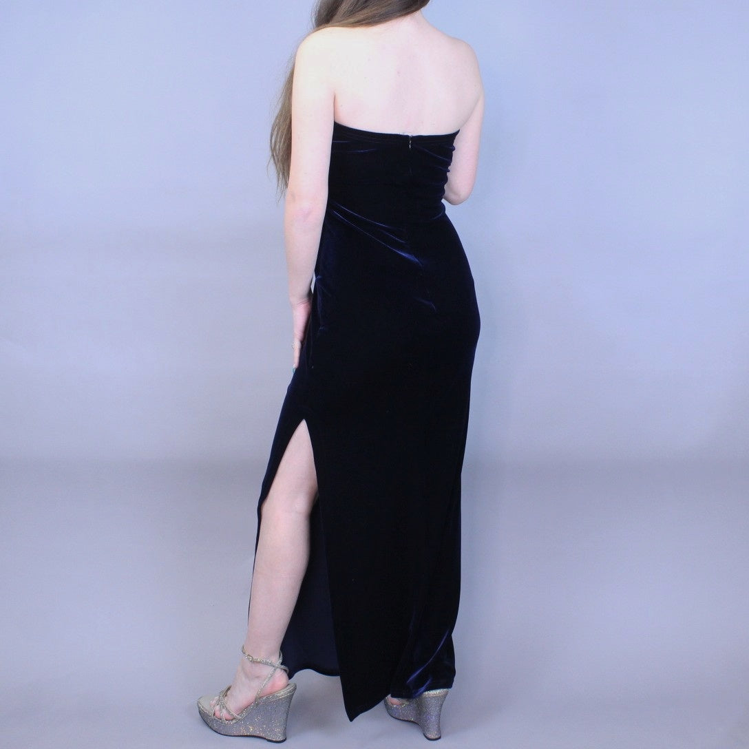 Vintage Y2k Blue Velvet Maxi Dress with Side Slit by Jessica McClintock Millennium 2000