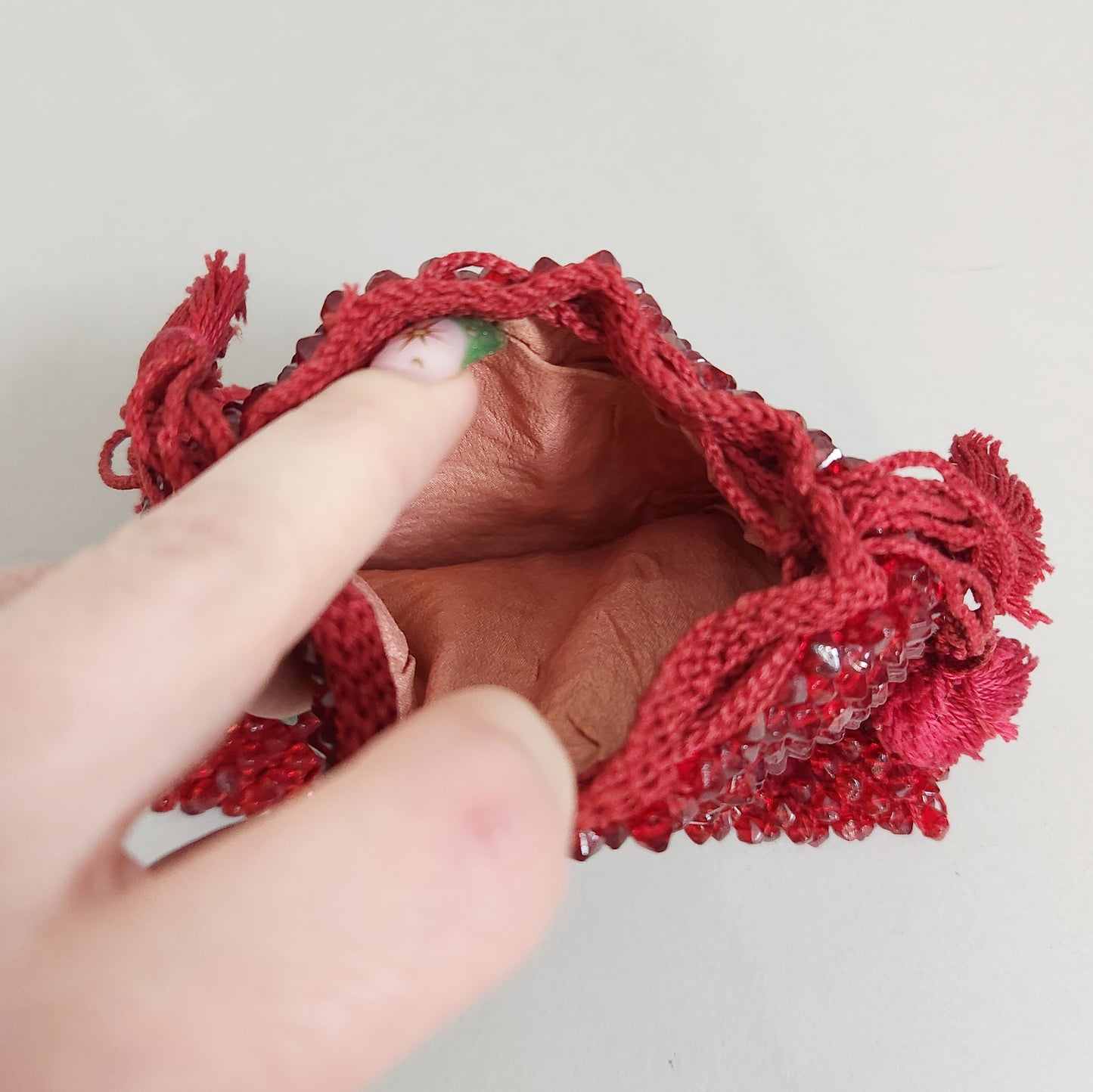 Vintage 30s Ruby Red Glass Beaded Reticule Pouch Purse