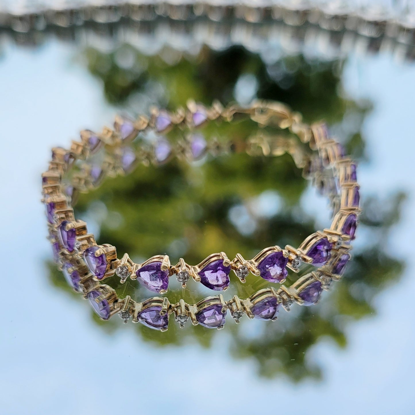 Vintage 90s Amethyst Heart Tennis Bracelet 10K Yellow Gold Signed Bracelet with Diamond Accent