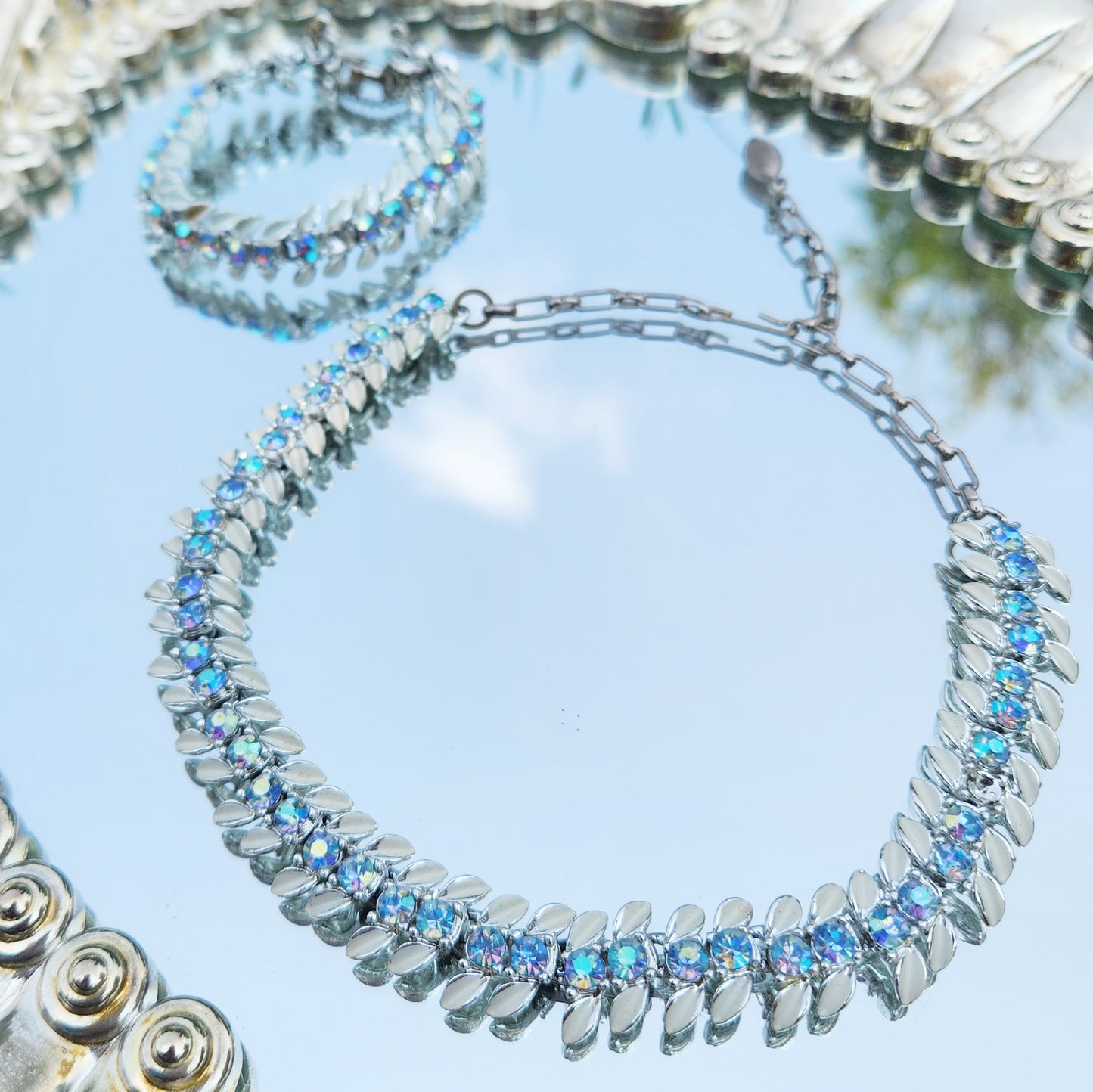 Vintage 60s Aurora Borealis Rhinestone Jewelry Set Bracelet & Choker