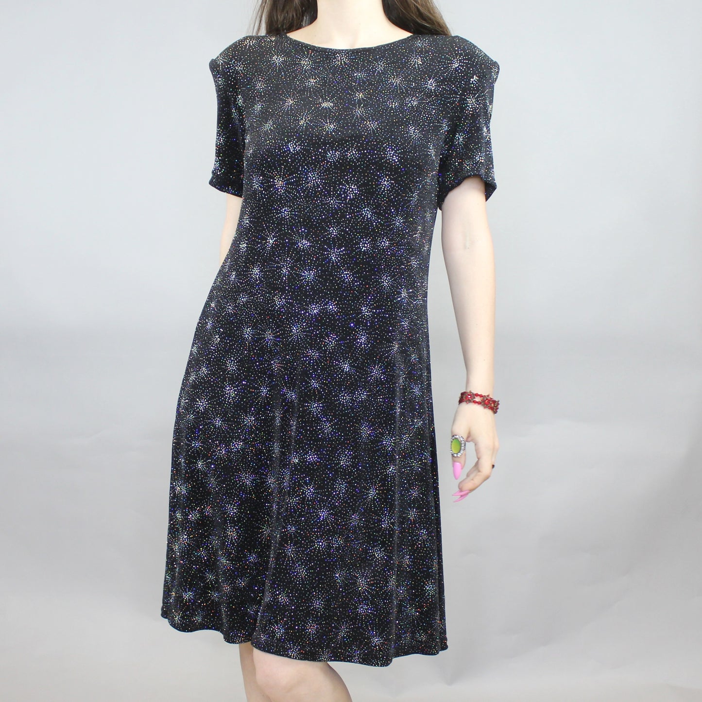 Vintage 90s Glitter Starburst T-shirt Mini Dress by Molly Malloy Evenings